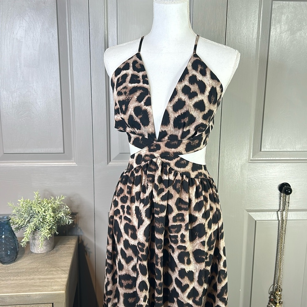 Leopard Print Spaghetti Strap Tie Back Backless Maxi Skirt Dress Size L